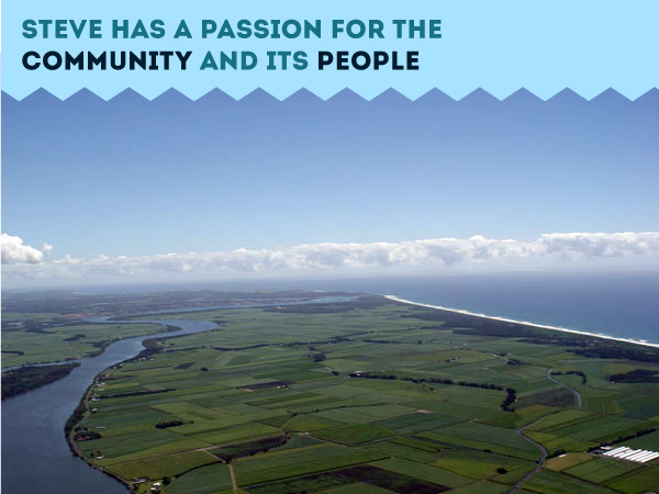 The words Steve has a passion for the community and its people over an image of Ballina from plane
