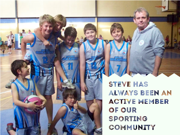 The words Steve has always been an active member of this community displayed over an image of the under 12's Ballina Basketball team with Steve as coach