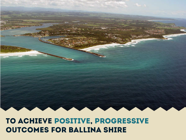 To achieve positive, progressive outcomes for Ballina Shire, across an image of Ballina from birds eye view