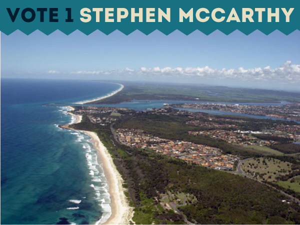 Vote 1 Stephen McCarthy over photograph of Ballina Bar from plane